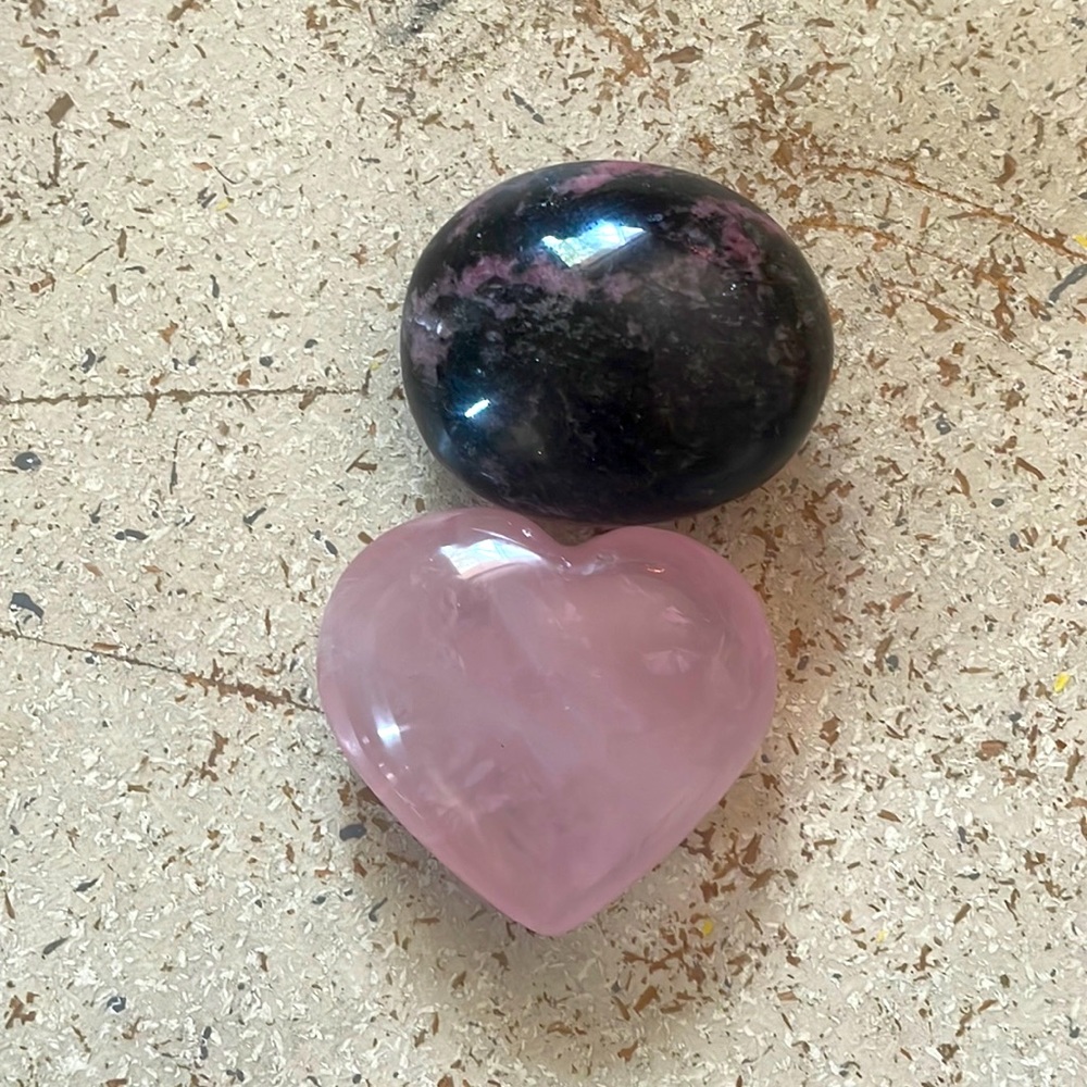 Rhodonite and Pink Rose Quartz palm stones, heart center compassion